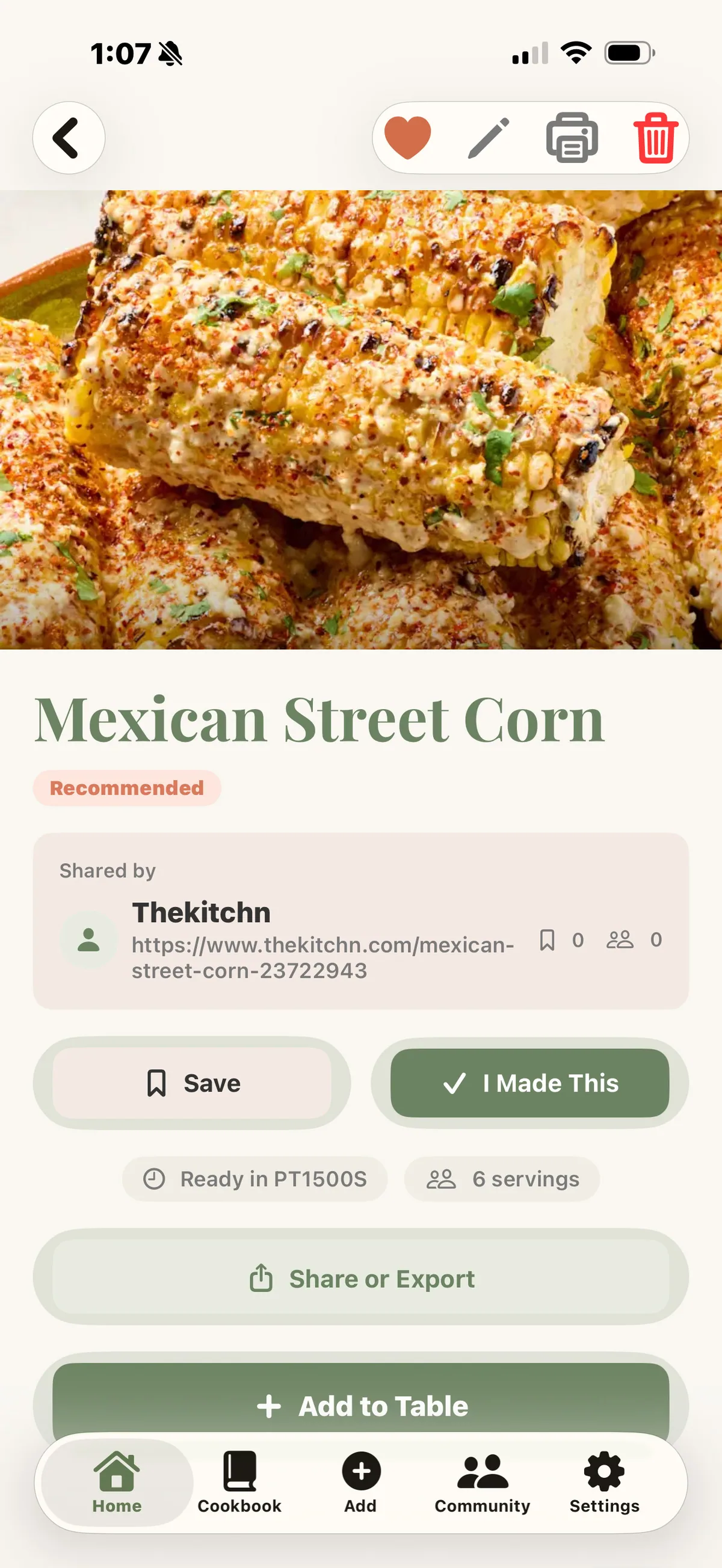 Table & Tine recipe detail: Mexican Street Corn with save, made-it and add-to-table actions