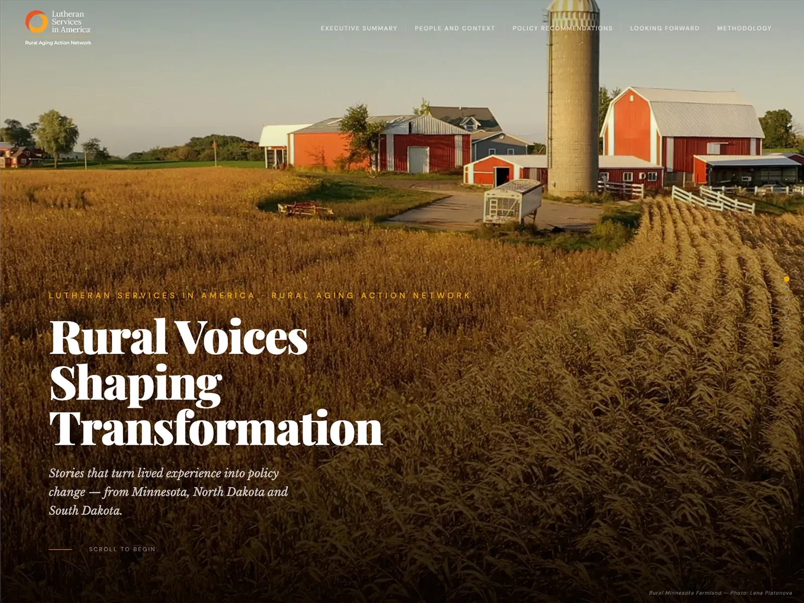 Rural Voices opening screen: a Minnesota farm at golden hour with the report title set in a display serif